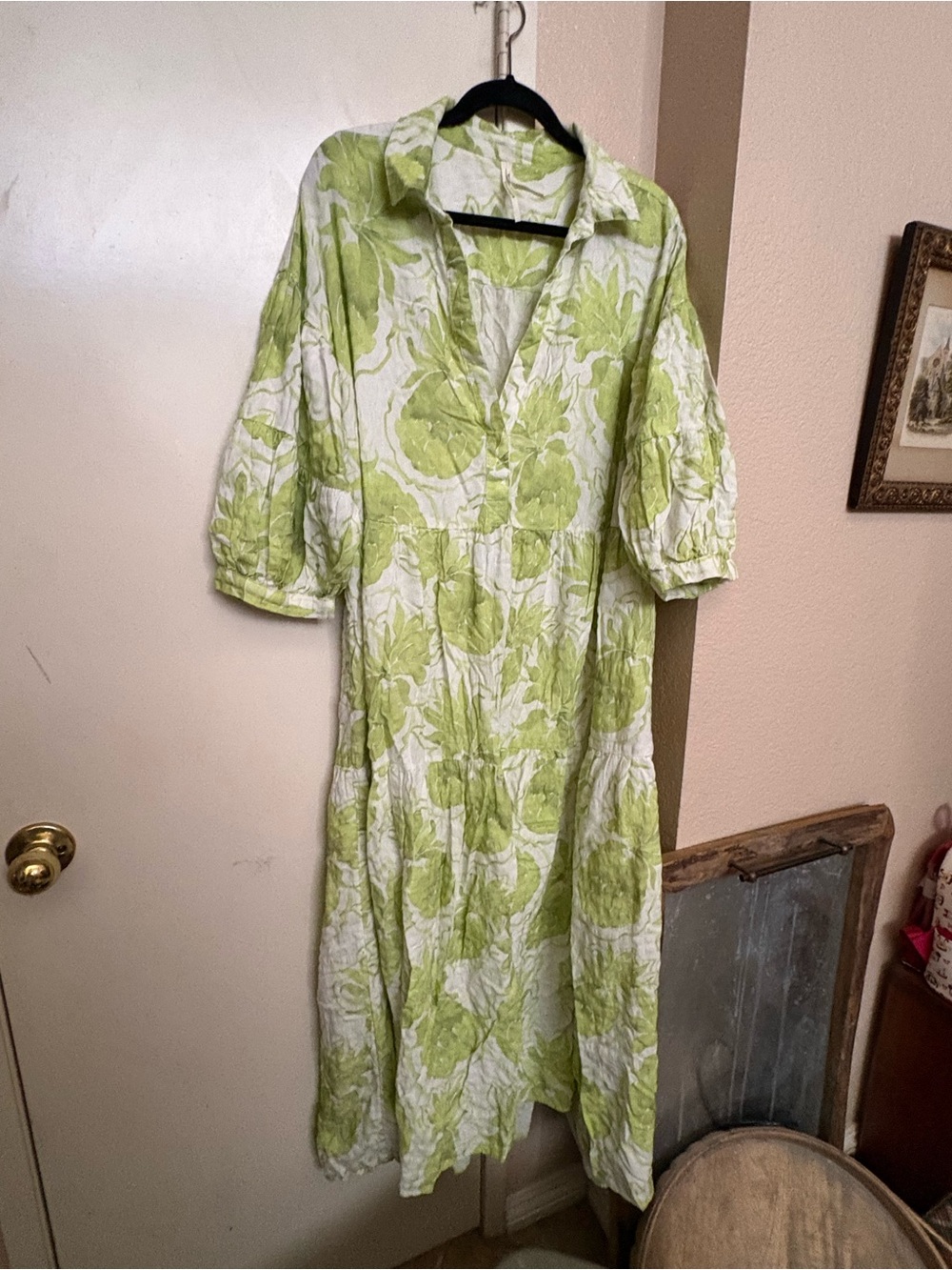 Anthropologie Lime Green Floral-Tile Midi Dress